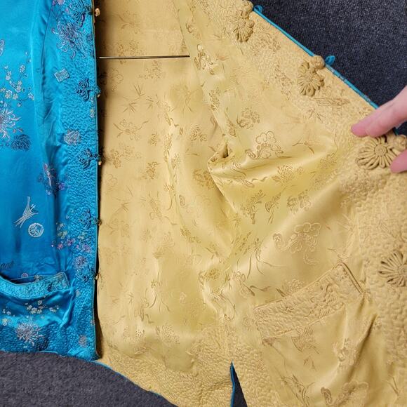 Vtg Peony Chinese Silk-Like Jacket Womens Small Blue Embroidered Mandarin Collar - Picture 4 of 12